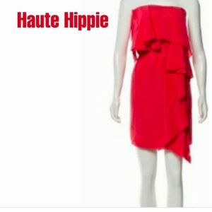 Coral HAUTE HIPPIE strapless ruffle belted tube dress SZ S